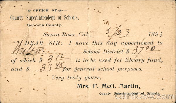 Notice from the Superintendent of Schools, Sonoma County, California Santa Rosa