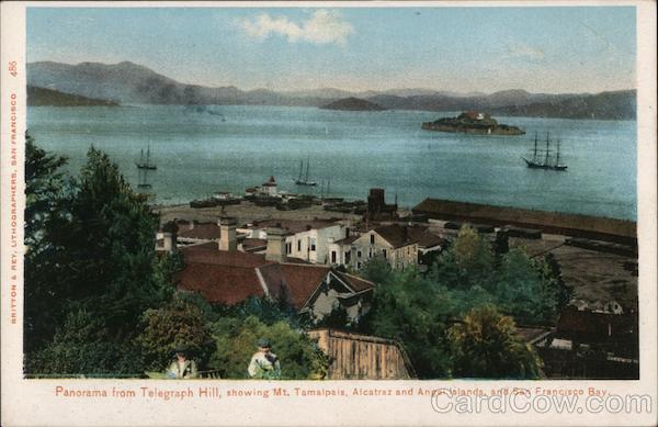 Panorama from Telegraph Hill, showing Mt. Tamalosis, Alcatraz and Angel Islands, San Francisco Bay California