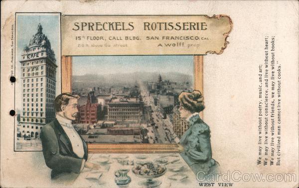 Spreckels Rotisserie, Printed Menu on Back 1903 San Francisco California