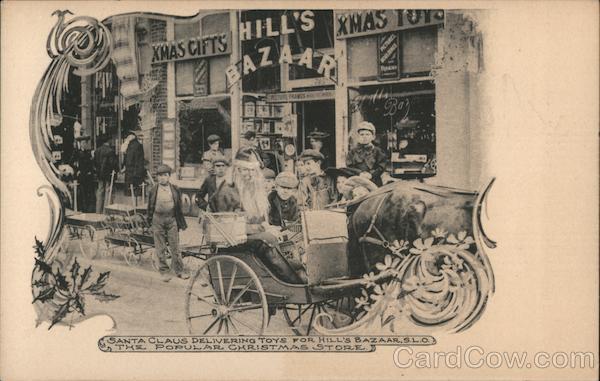 Rare: Santa Claus delivering toys in horse drawn wagon for Hill's Bazaar. San Luis Obispo California