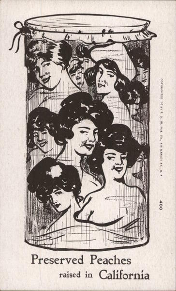 Preserved Peaches raised in California. Head shots of pretty girls in a glass jar.