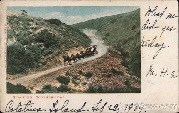 Stageing. Southern Cal. Six horse carriage racing down mountain road. California