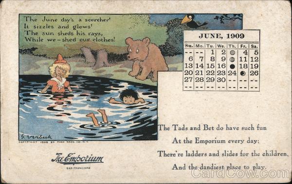 The Emporium. June 1909. Children with bear playing in pond San Francisco California