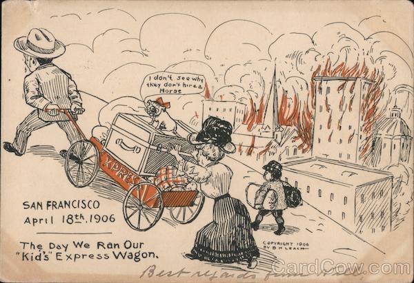 The day we ran our kid's express wagon. City on fire. Man pulling wagon of family goods, family follows.