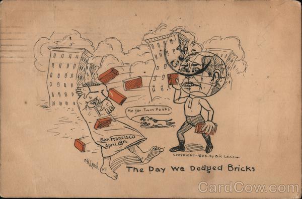 The day we dodged bricks. Globe man throwing bricks at man. Buildings collapsing. San Francisco California