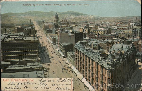 Looking Up Market Street Showing City Hall and Twin Peaks San Francisco California