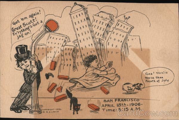 Drunk on ligh tpost as city hit by earthquake. man and dog running. San Francisco California