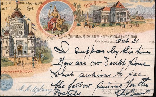 Rare: Greeting from the California Midwinter International Exposition 1894 San Francisco