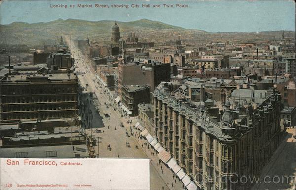 Looking Up Market Street Showing City Hall and Twin Peaks San Francisco California