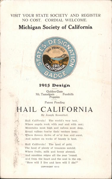 Michigan Society of California, 1915 States Designation Badge California San Francisco