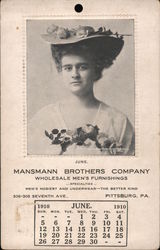 Advertisement and calendar, Mansmann Brothers Company, Wholesale Men's Furnishings 1910 Postcard