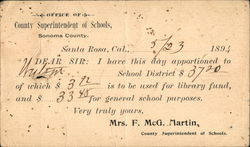 Notice from the Superintendent of Schools, Sonoma County, California Postcard
