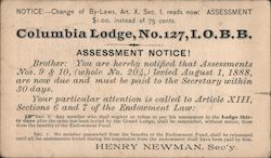 Columbia Lodge, No. 127, I.O.B.B. Assessment notice. Postcard