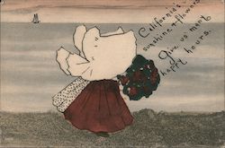 California's sunshine & flowers give us many happy hours. Little girl with flowers over looking water. Postcard