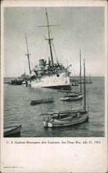 U.S. Gunboat Bennington after Explosion, San Diego Bay 1905 Postcard