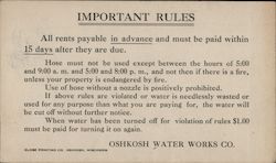 Oshkosh Water Works Co. Water billl and use of hose. Postcard