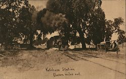 Ketcham Station. Eleven miles out. Steam Train. Advertisement to buy stock in railroad company. Postcard