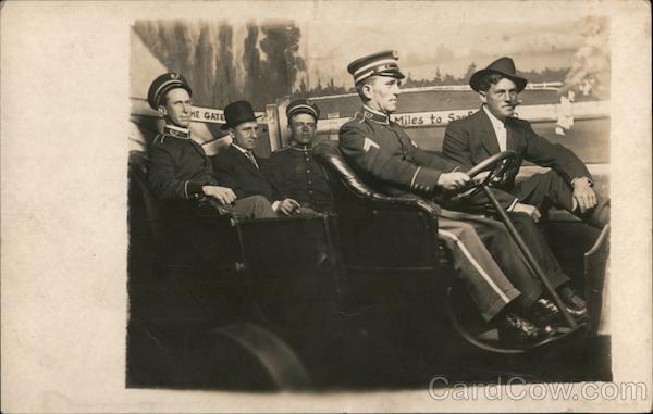 Studio photo of three men in uniform and two men in suit and hats San Francisco California