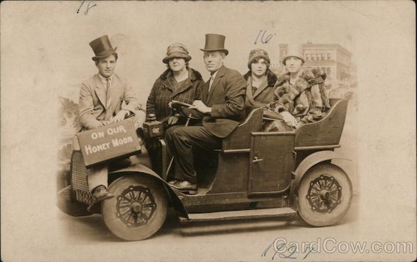 On our honey moon, Studio Photo of couple and friends in car San Francisco California