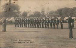 I O.O.F Encampment 1907. Tents, troops at attention, dress attire, swords. Postcard