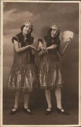 Studio Photo of two girls identical dress, crowns, one has feather fan Women Postcard Postcard Postcard