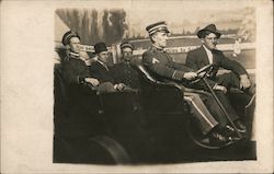 Studio photo of three men in uniform and two men in suit and hats Postcard