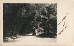 Golden Gate Park, woman standing on path through trees Mar. 16, 1917 Postcard