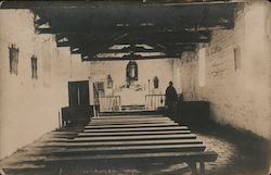 View of inside Pala Mission, pews, altar, confessional Postcard