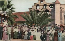 The Bells of San Gabriel Mission. Tilton's Trolley Trip group picture. Postcard