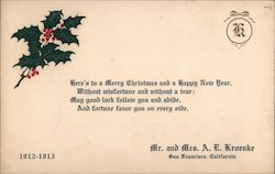 Here's To a Merry Christmas and a Happy New Year from Mr. & Mrs. A.E. Kroenke Postcard