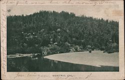 view of a hill with houses on a river, Montrio, Cal. Postcard