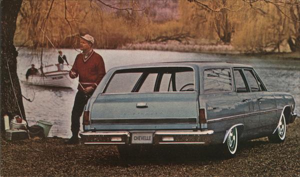 1965 Chevelle! Malibu 4-door wagon. Man fishing at river bank