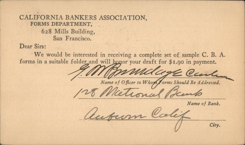 California Bankers Association, Forms Department. Request of forms. San Francisco