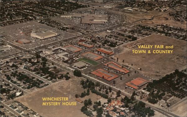 Aerial view of suburban shopping centers, Valley Fair and Town & Company, Winchester Mystery House San Jose