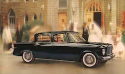 Lark Cruiser by Studebaker. Wedding couple leaving church Postcard