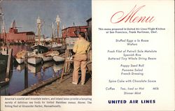 United Air Lines Menu. Fishing Fleet at Gloucester Harbor, Massachusetts. Postcard