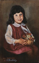V. Burtchby portraits in oil Little girl with basket of flowers signed Oil Portraits by V. Burtchby Postcard