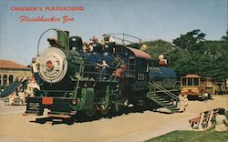 Children's Playground, Fleishhacker Zoo. Steam locomotive, slides, cable car Postcard