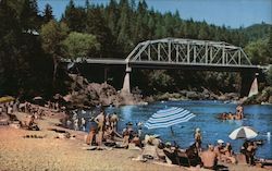 Hacienda Beach sunbathers, swimmers, Bridge over river Postcard