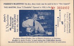 Andre's L'Omelette, The French Restaurant. Pierre's Martinis! 3,000,000th Martini mixed. Palo Alto, CA Postcard Postcard Postcard
