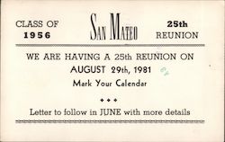 San Mateo Class of 1956 25th Reunion Postcard