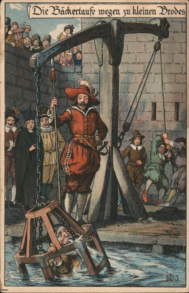 The baker's baptism because of too small bread. Man dunked in river in cage.