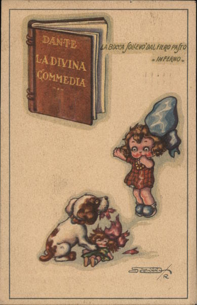 Dante La Divina Commedia. Little girl seeing dog eating doll