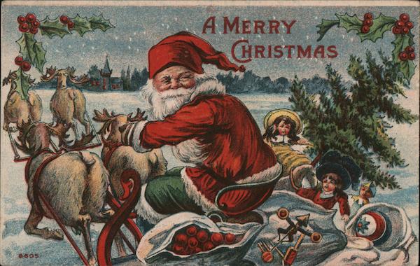 Santa's Sleigh with Reindeer, Toys, and Children in the Snow