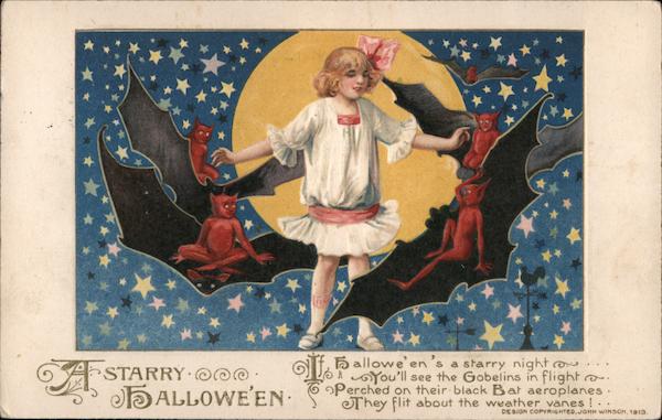 A strarry Hallowe'en. Girl, bats, red demons, moon