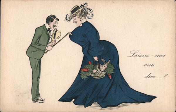 Let me tell you!! Thin man tapping cane on large bossum of woman in blue dress.