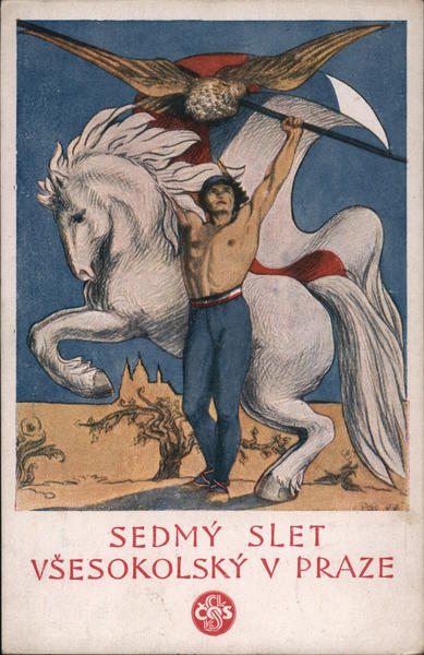 Sedmy slet vsesokolsky v praze: man with flag and white horse