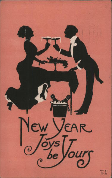New Year joys be yours. Silhouette couple sharing champagne