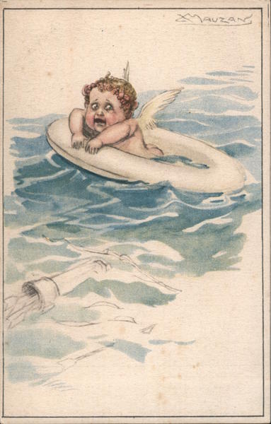 Cherub clinging to a life preserver Mauzan Artist Signed