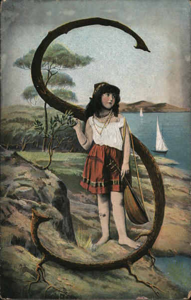 Letter S and girl with lute by a lake Alphabet Letters